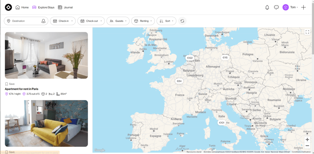 Screenshot of the Stays Demo website from Voxel. Explore Stays screen with search filters a feed with some stays and a map. The overall look like airbnb.