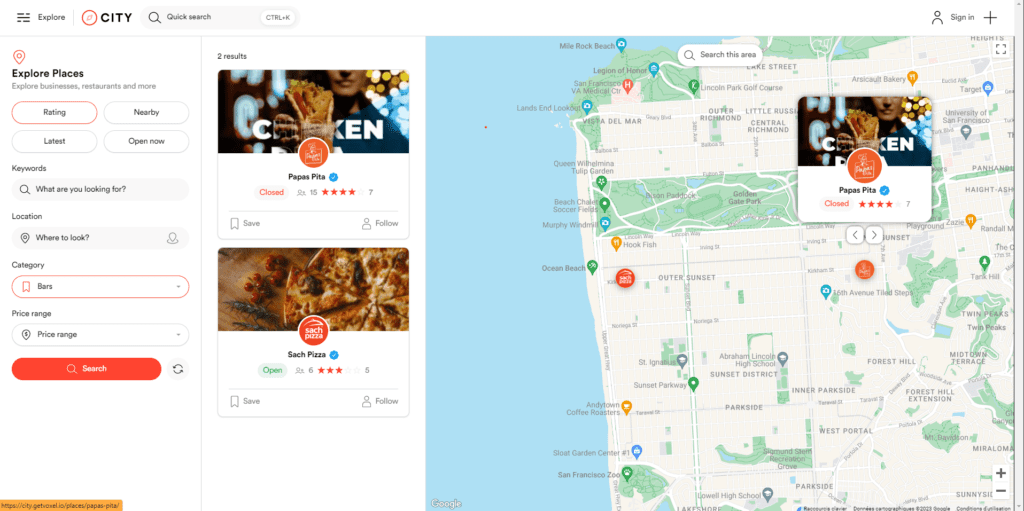 Screenshot of the Places Demo website from Voxel. Explore places screen with search filters, a feed with two restaurants cards and a map with the marker Papas Pita selected.